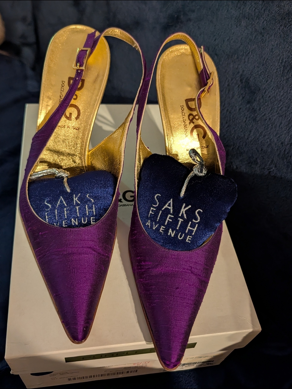 Dolce & Gabbana Purple Silk Pointed Slingback Pumps with Gold Insole